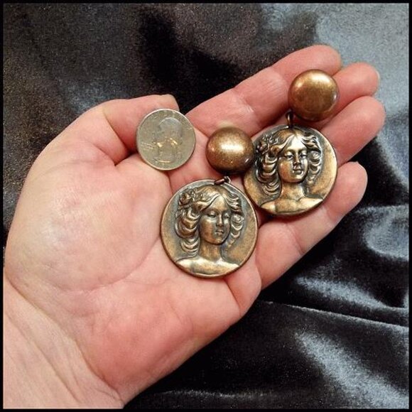 RARE 1960s Art Nouveau Style Lady Pierced Vintage Earrings 15427 - Picture 5 of 6